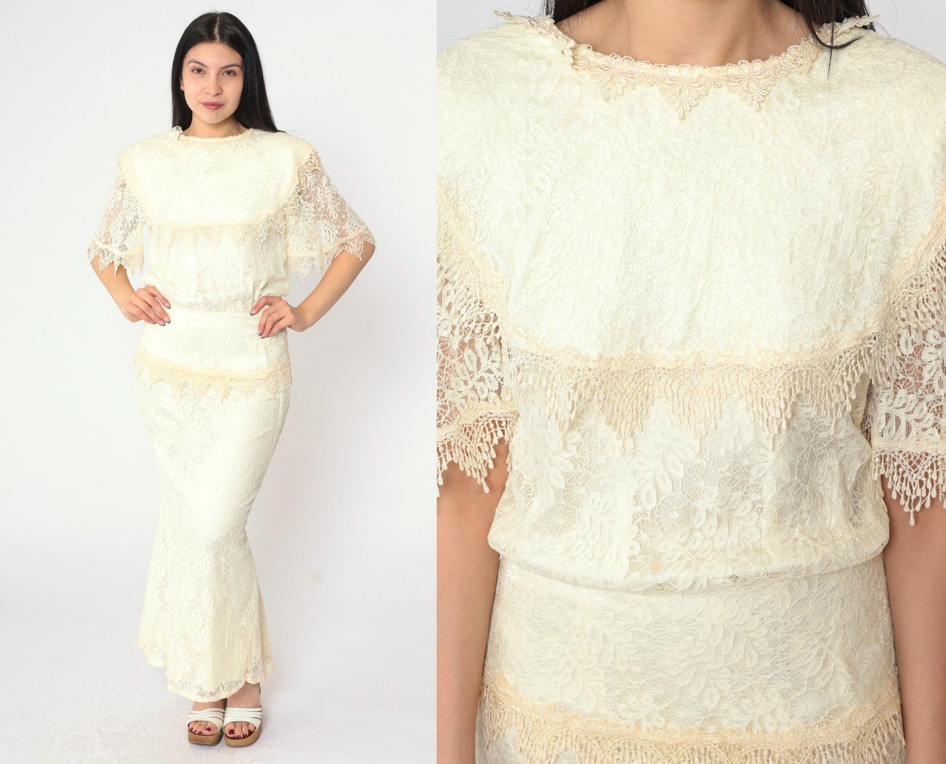 80s Jessica McClintock Ivory Lace Maxi Gown Bow Back Short Sleeve Small