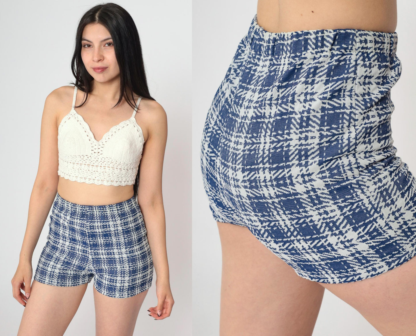 70s Blue Plaid High-Waist Hotpants Elastic Waistband Polyester Shorts XS
