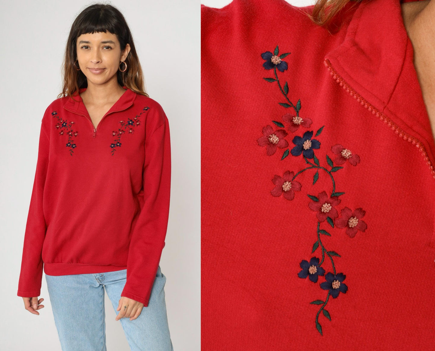 90s Karen Scott Red Floral Embroidered Quarter Zip Sweatshirt Extra Large XXL