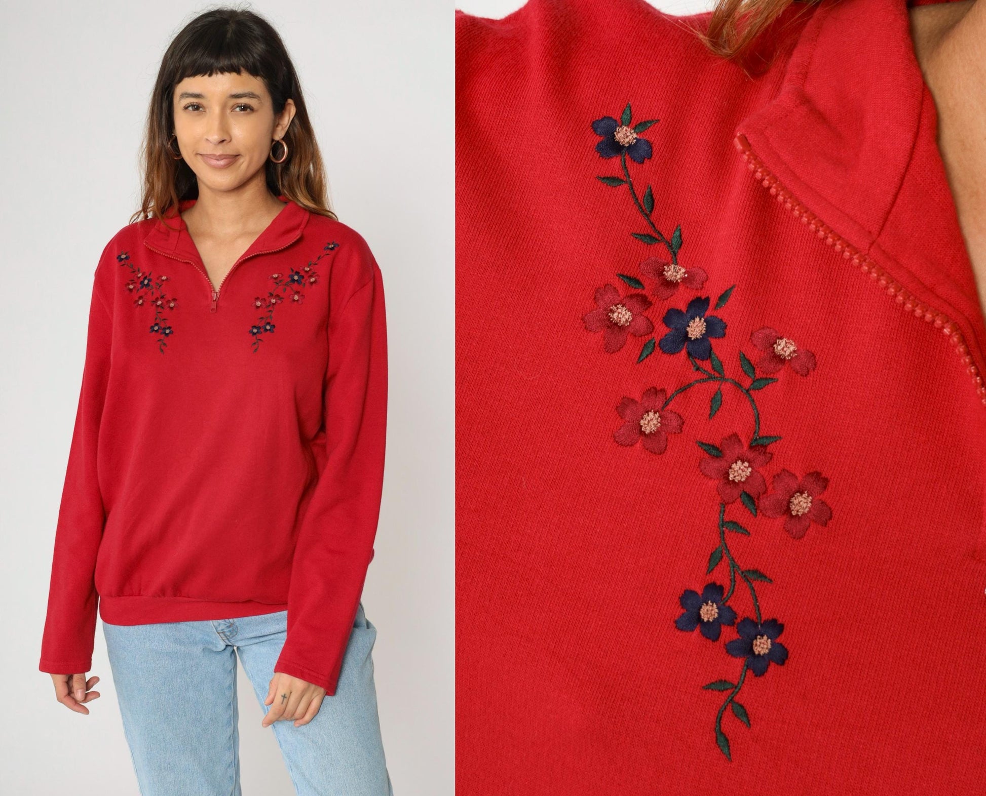 90s Karen Scott Red Floral Embroidered Quarter Zip Sweatshirt Extra Large XXL