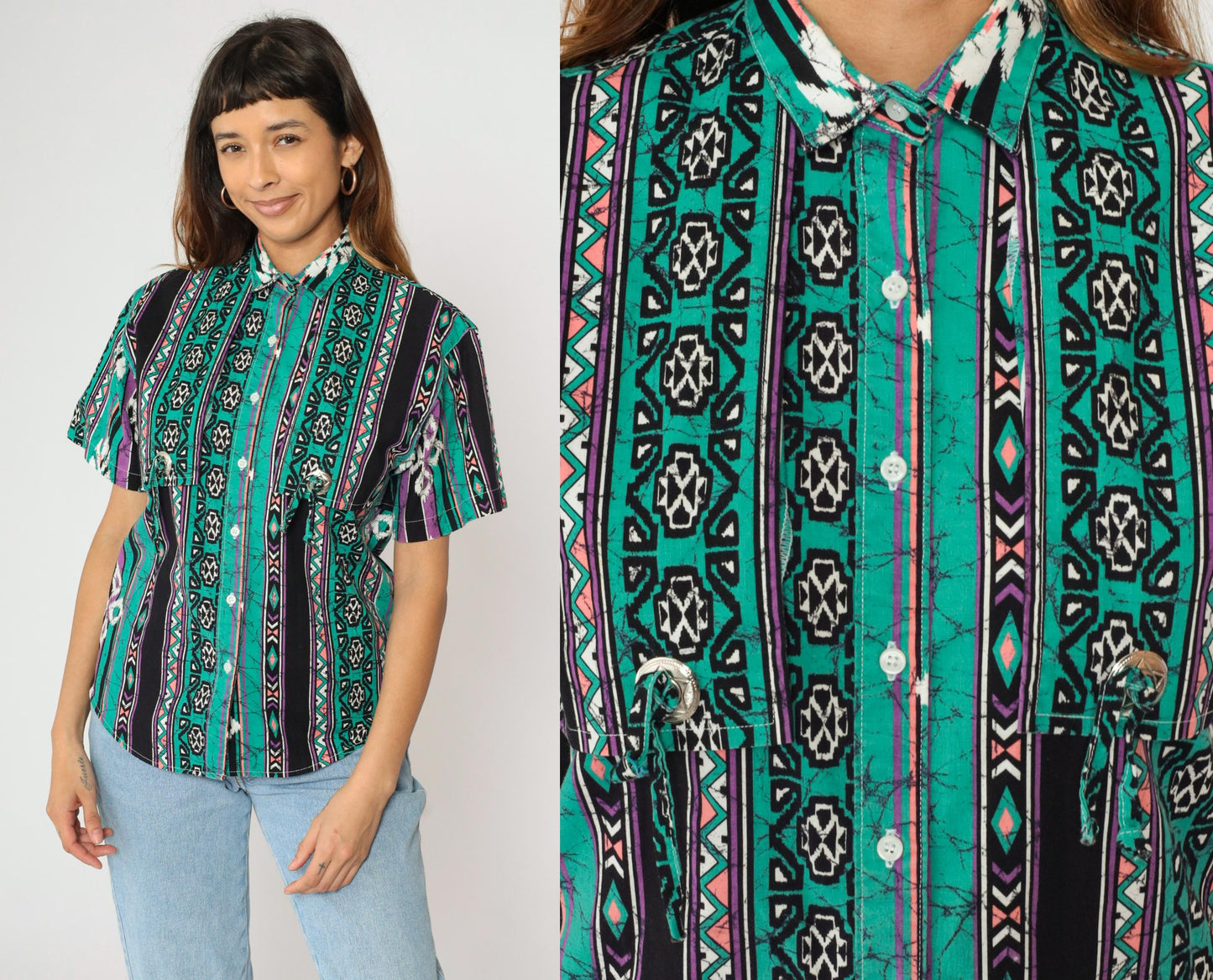 90s Frontier Series Western Shirt Green Purple Aztec Print Snap Button Small