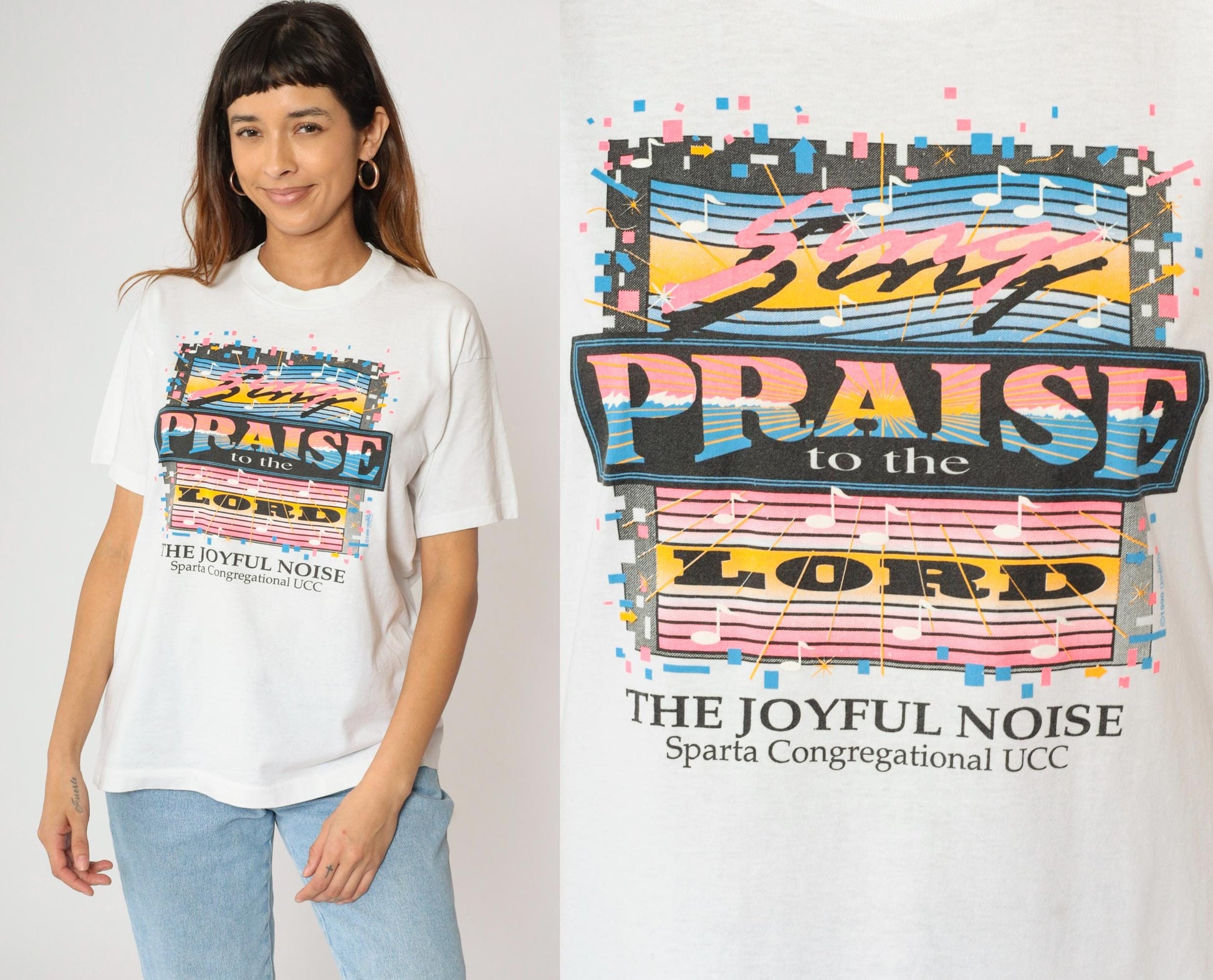 90s Praise the Lord Sparta Congregational UCC Graphic T-Shirt White Large L