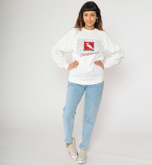 90s Charleston South Carolina Egret Graphic Sweatshirt White Raglan Medium