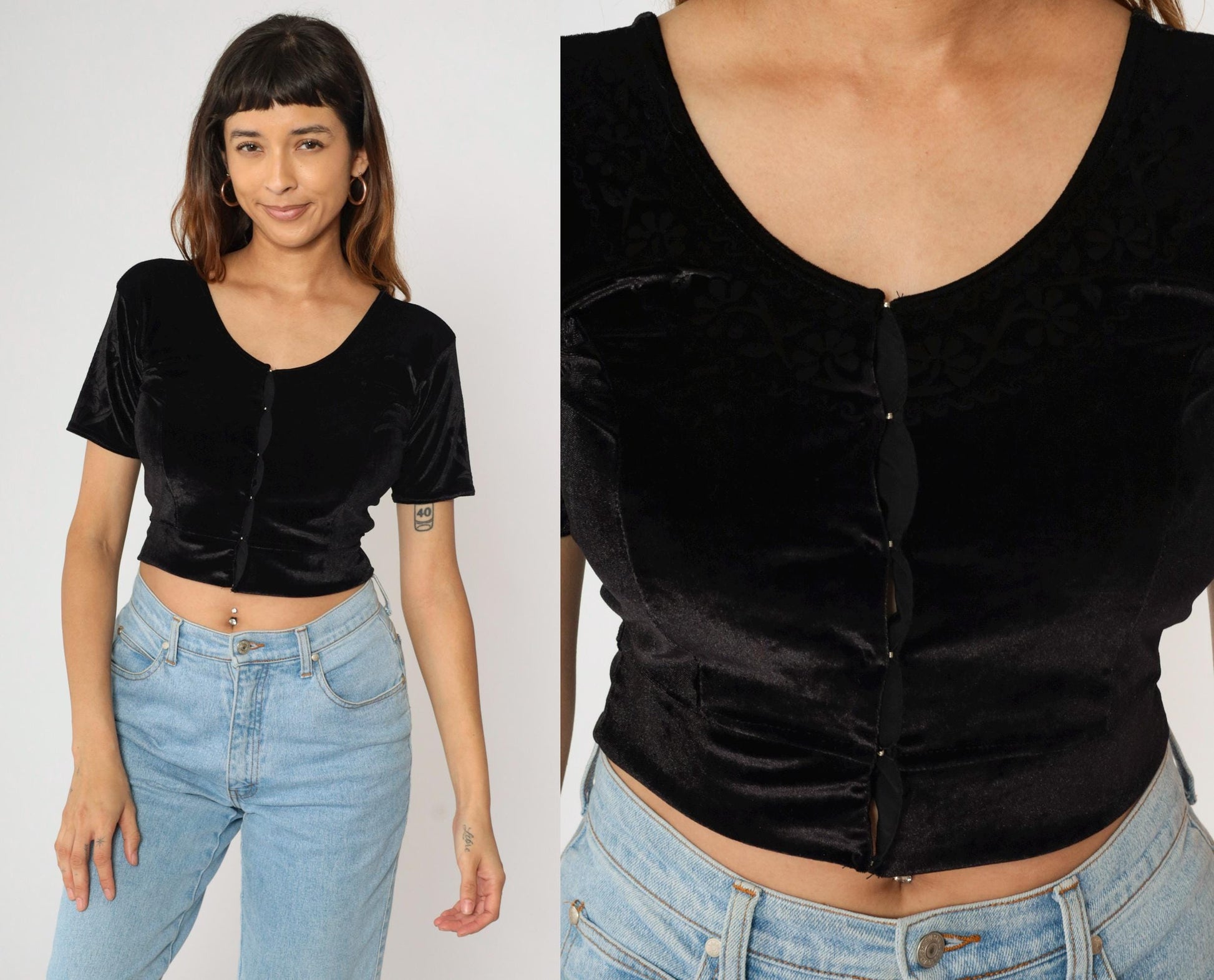 Y2K Black Velvet Crop Top Scoop Neck Short Sleeve Small S