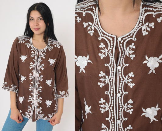 90s Brown Floral Embroidered Button-Up Blouse 3/4 Sleeve Small S
