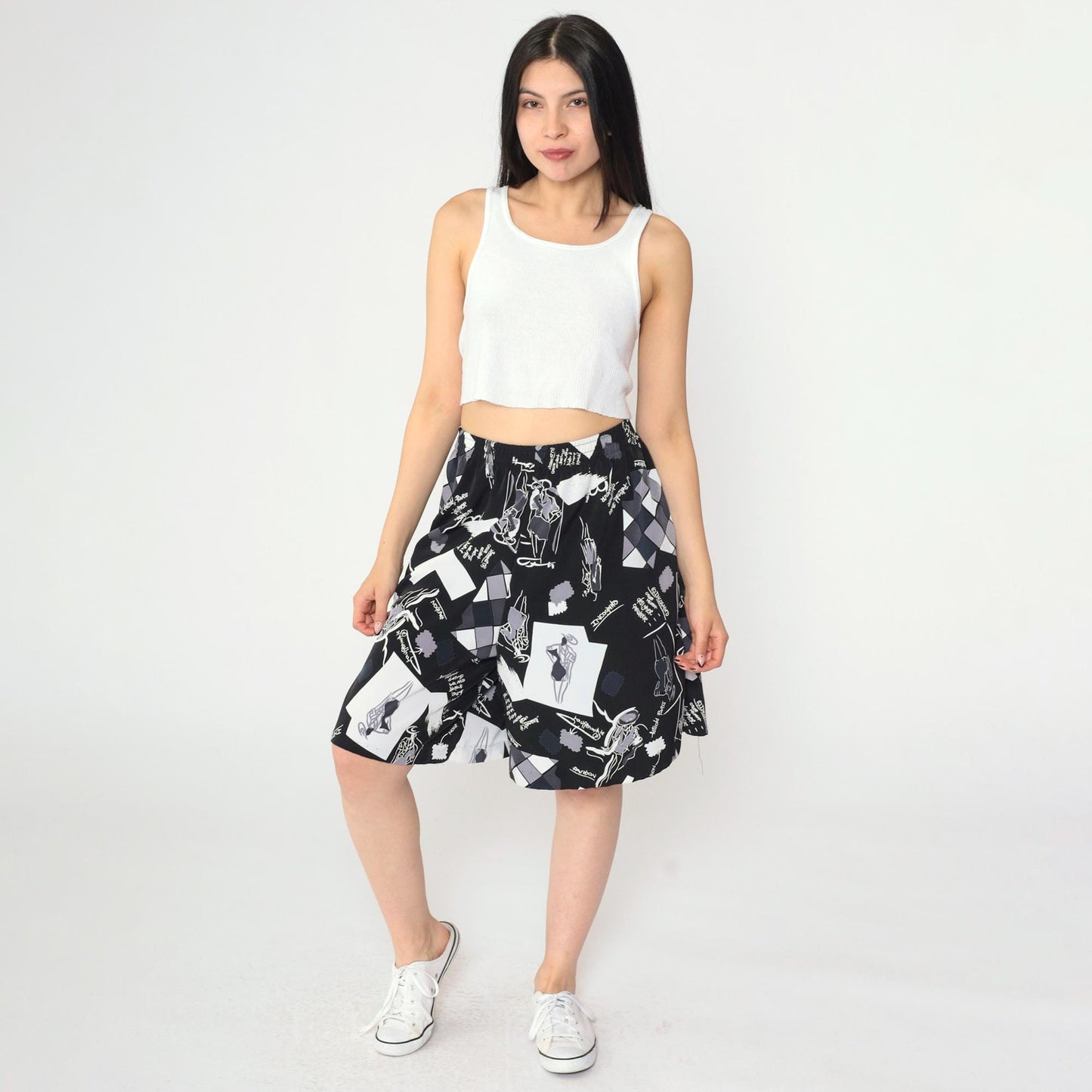 90s Black White Abstract Graphic Shorts Elastic Waist Baggy Medium Large