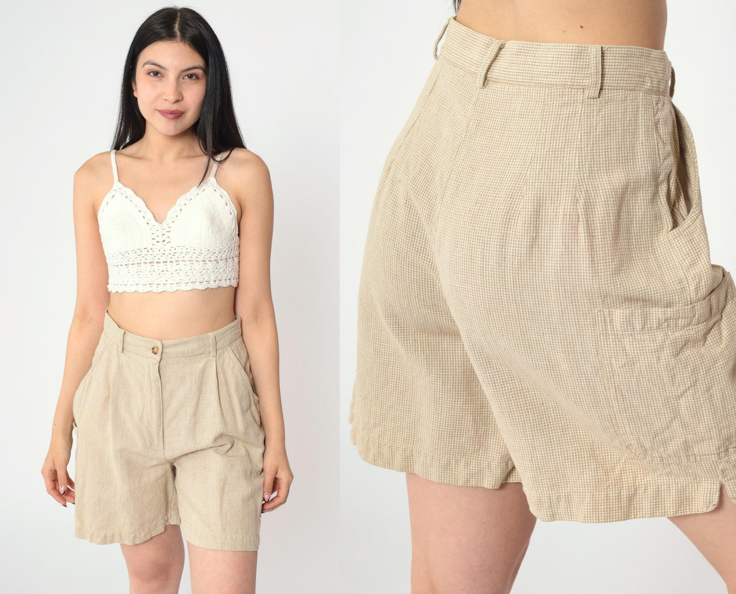 90s Talbots Houndstooth Pleated Shorts Tan High Waist Linen Small