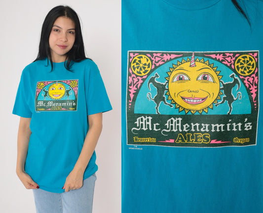 90s McMenamin's Ales Brewery Graphic T-Shirt Blue Hanes Beefy Tee Medium