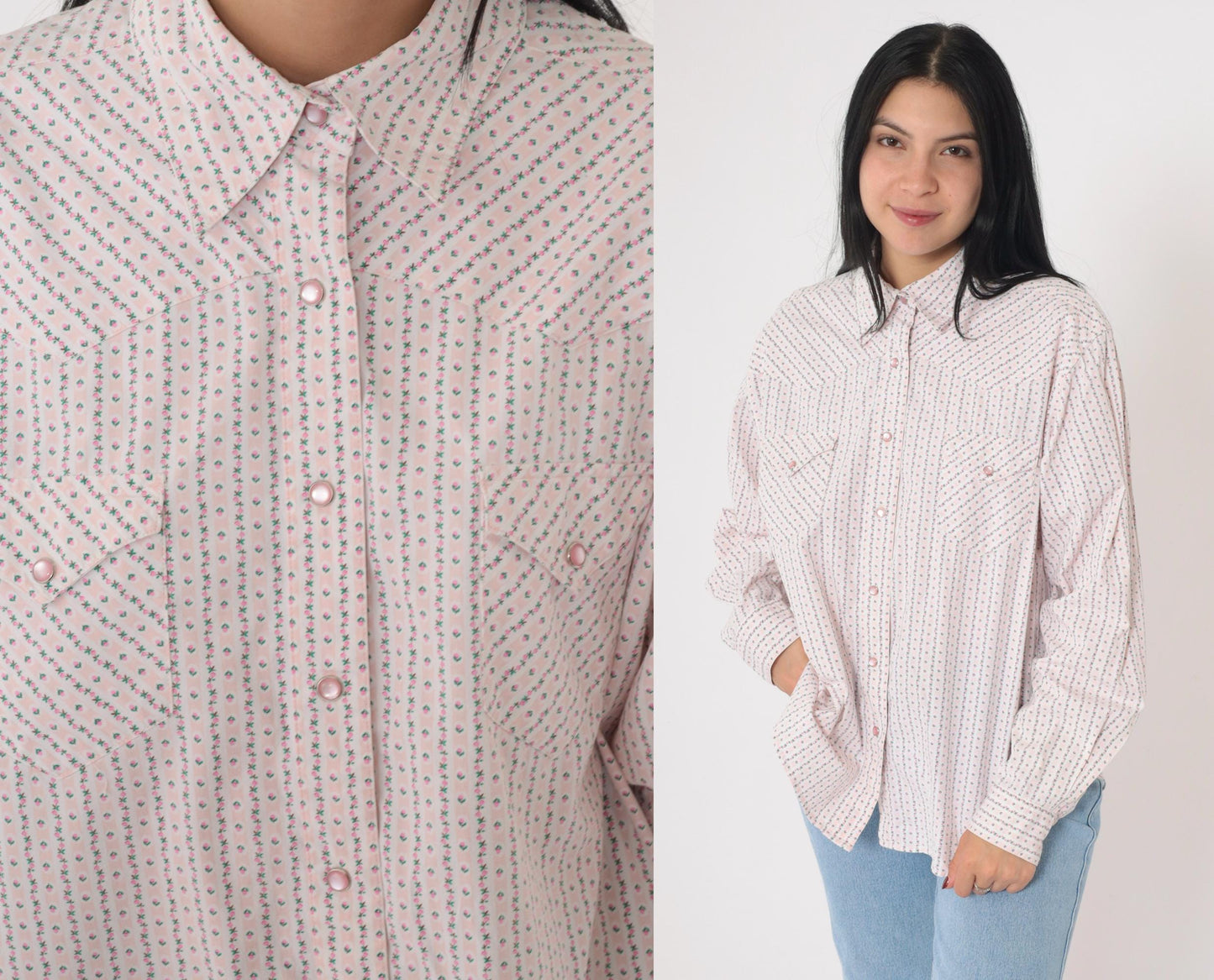 Y2K Cruel Girl Western Shirt Pink Floral Stripe Pearl Snap Blouse Extra Large XXL