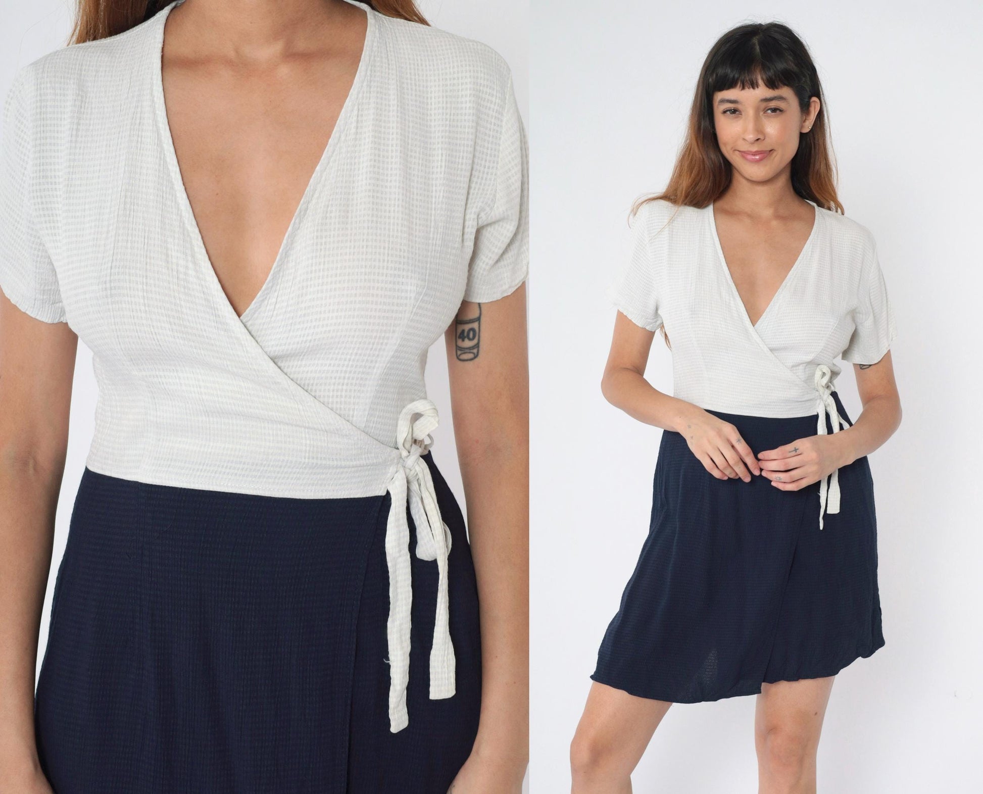 90s Sostanza Gingham Wrap Dress White Navy Mini Short Sleeve Small