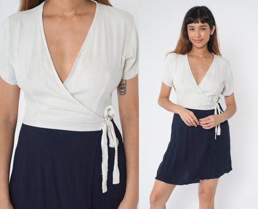 90s Sostanza Gingham Wrap Dress White Navy Mini Short Sleeve Small