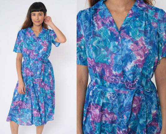 80s Abstract Floral Midi Dress Blue Purple Puff Sleeve Button Up High Waisted Small Medium