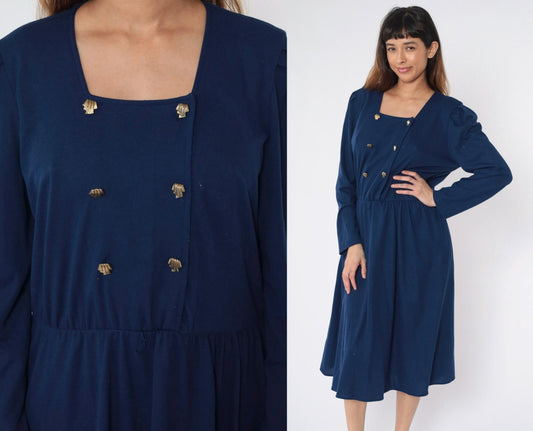 80s Tabby of California Navy Double Breasted Midi Shirtdress Puff Sleeve Medium Large