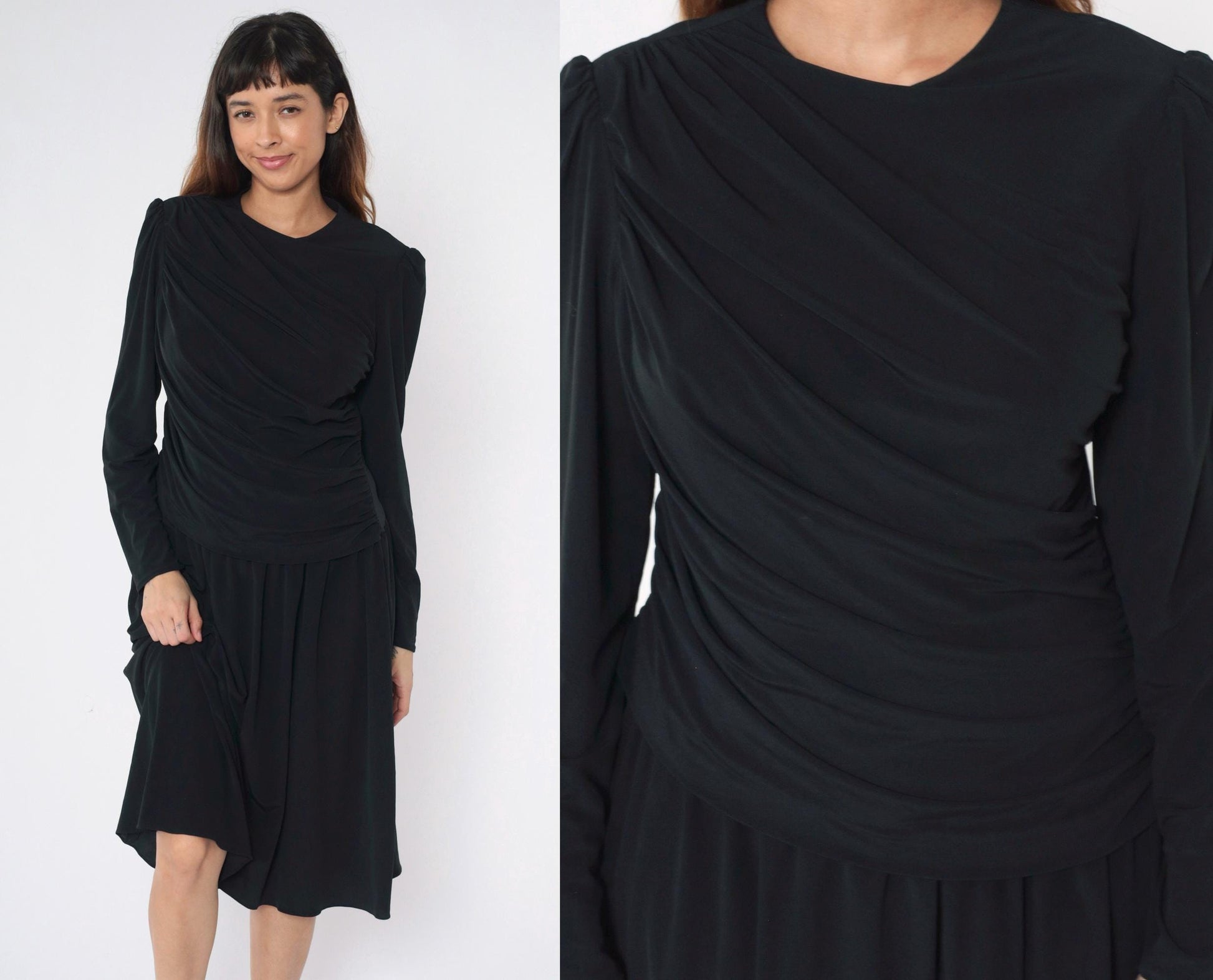 80s Saks Fifth Avenue Black Midi Dress Puff Sleeve Draped Ruched Medium