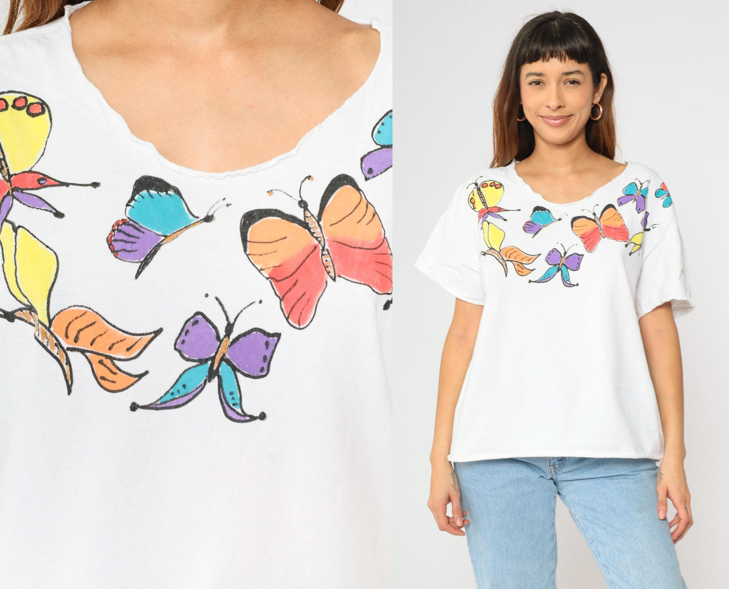 90s White Butterfly Graphic T-Shirt Raw Neckline Scoop Neck Extra Large XL