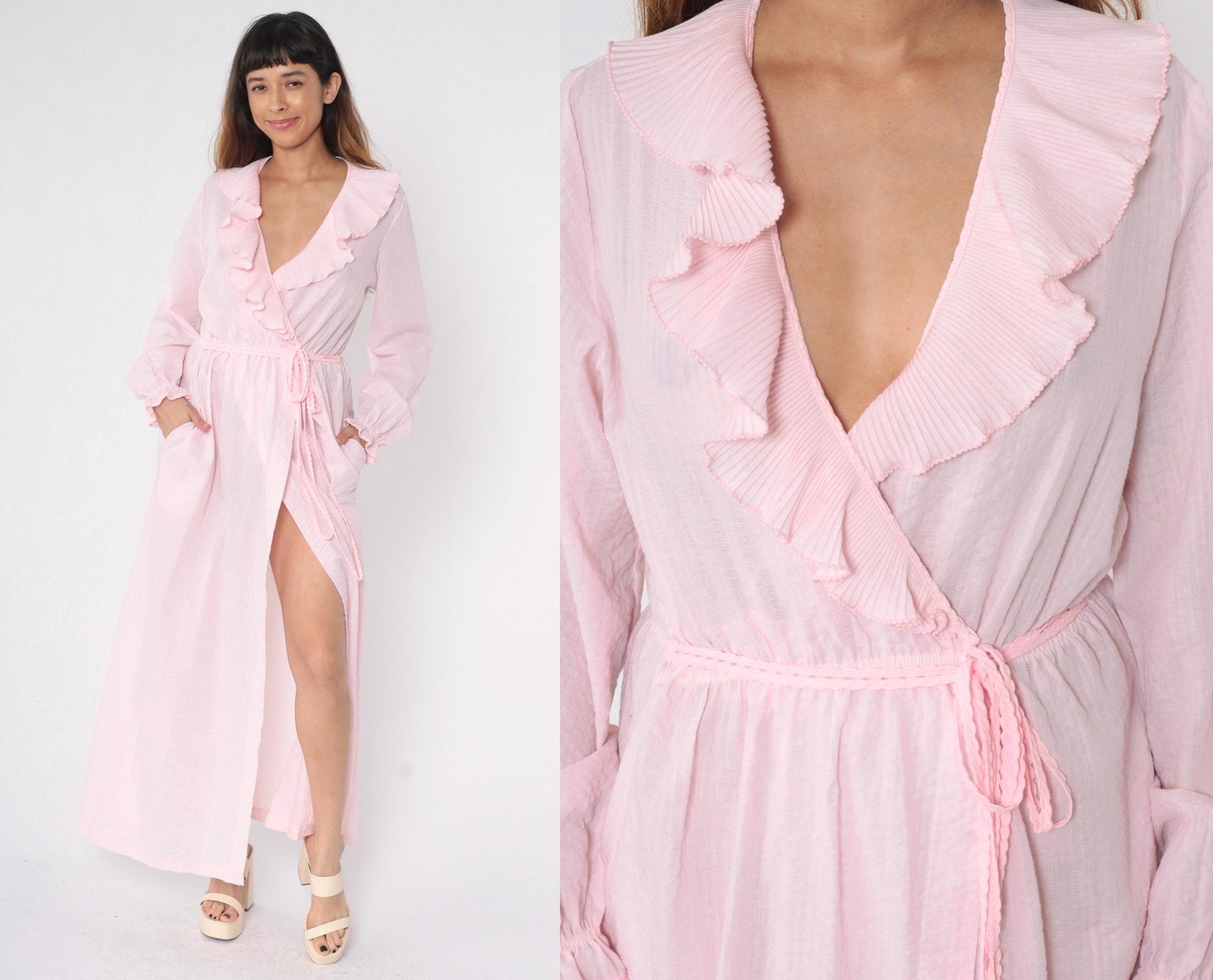 80s Pink Seersucker Wrap Dress Deep V Ruffle Collar Maxi Small