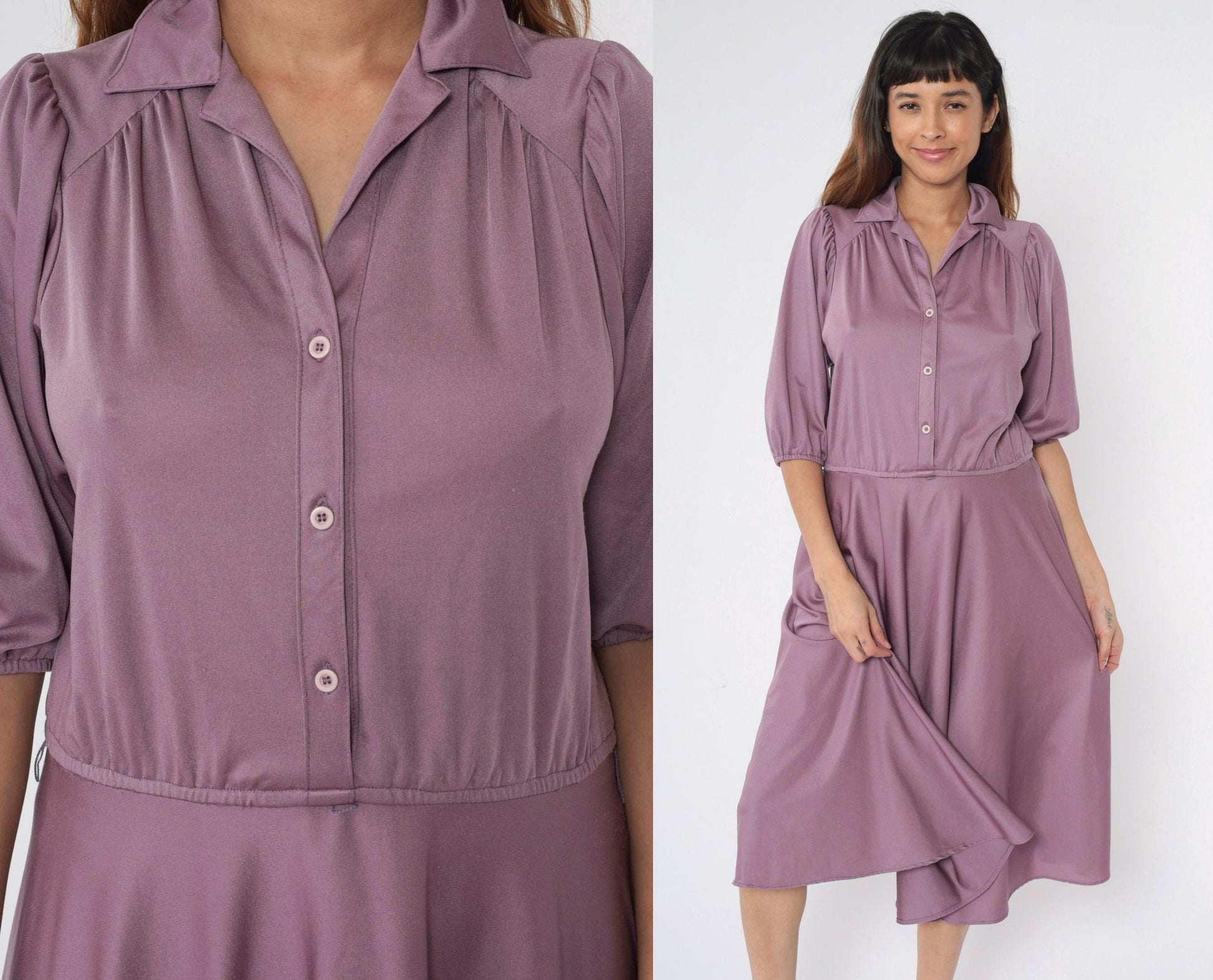 80s Purple Puff Sleeve Midi Shirtdress High Waist Button Up Medium Large