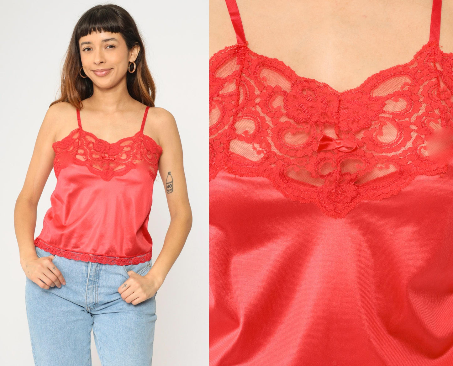 80s Red Satin Camisole Lace Trim Sweetheart Neckline Small S