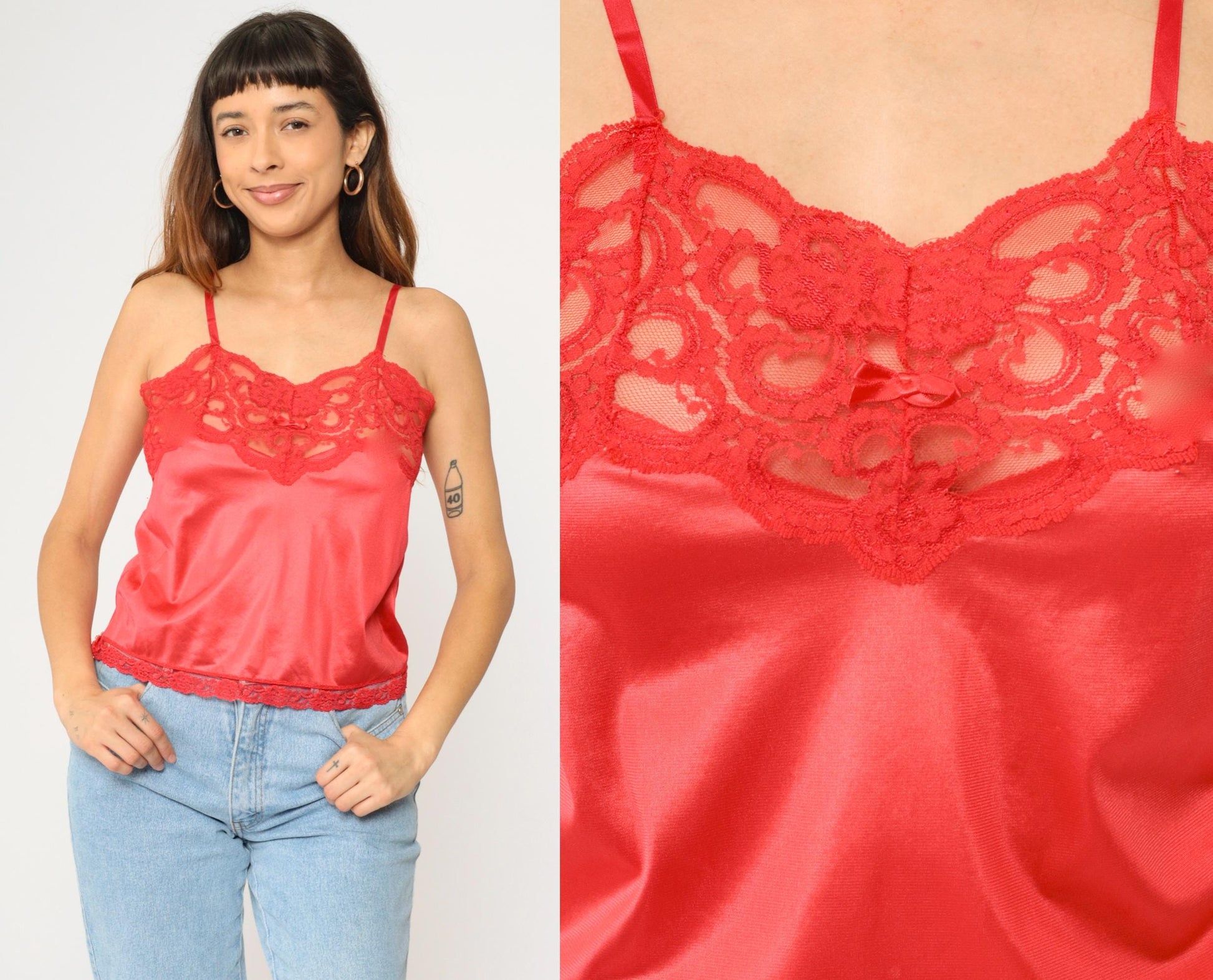 80s Red Satin Camisole Lace Trim Sweetheart Neckline Small S