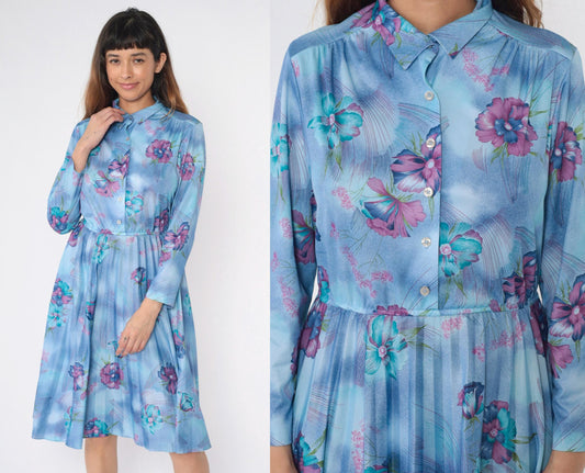 70s Sears Floral Midi Shirt Dress Blue High Waist Pleated Medium
