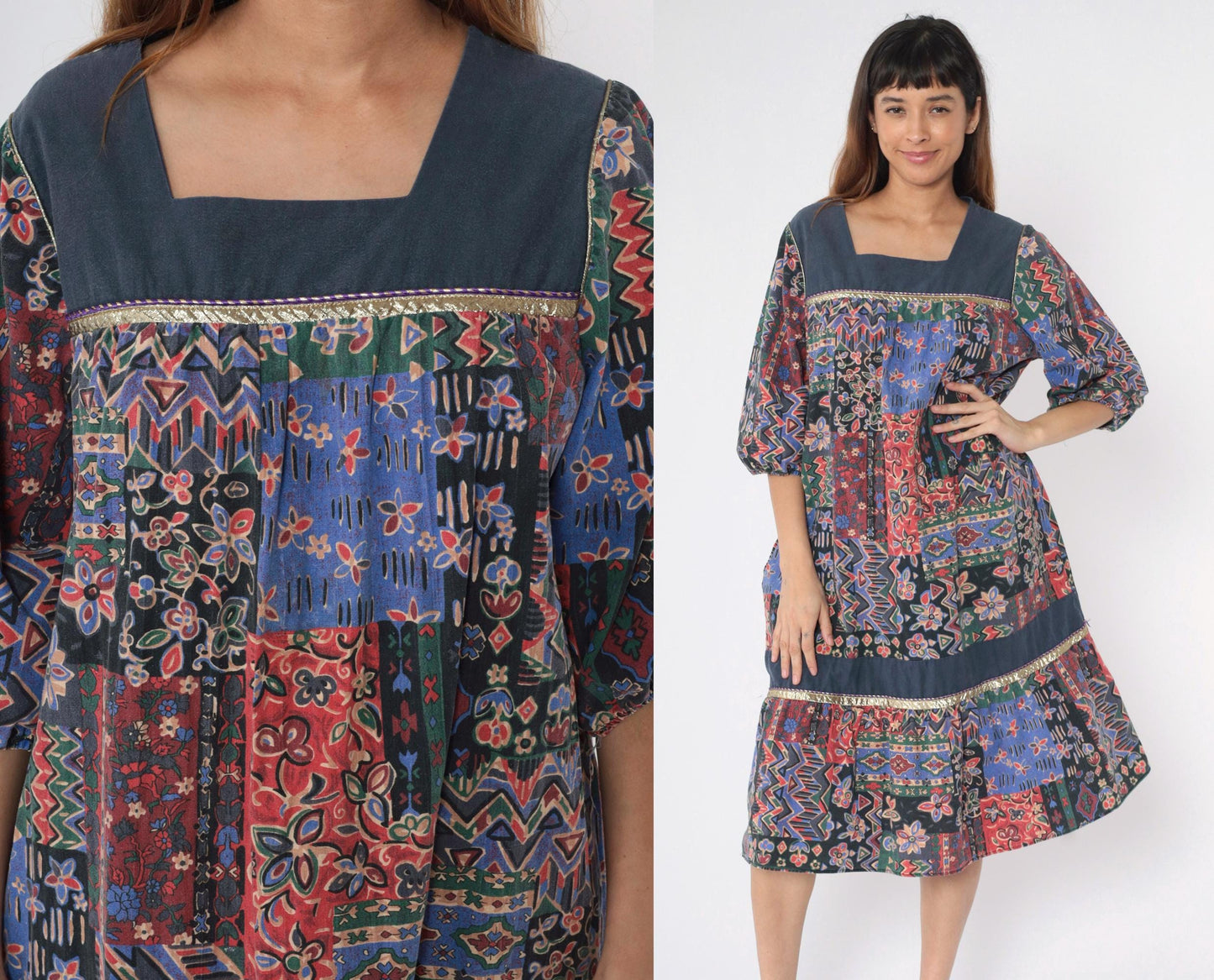 80s Patchwork Midi Dress Floral Geometric Square Neck Puff Sleeve Tiered Medium Large