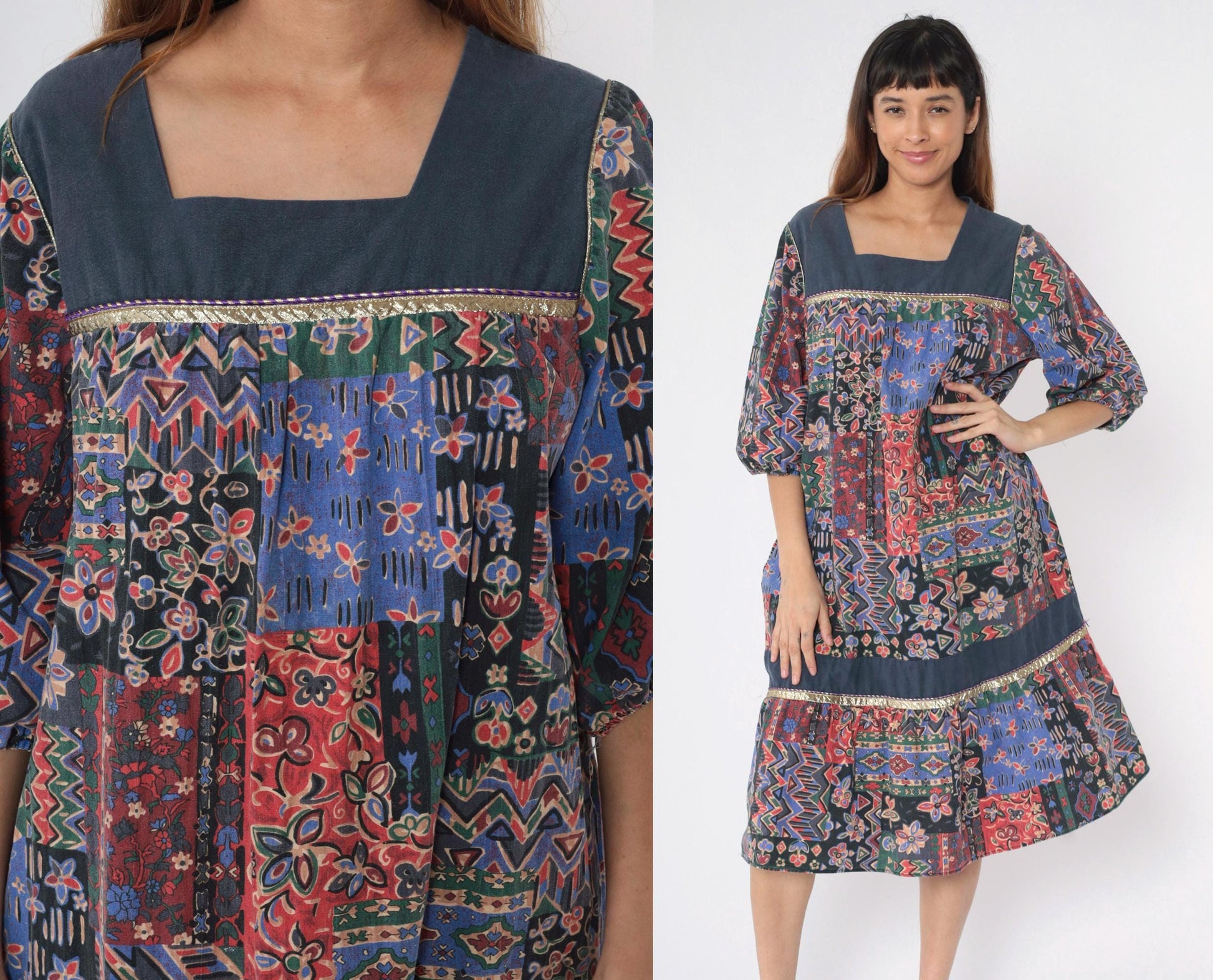 80s Patchwork Midi Dress Floral Geometric Square Neck Puff Sleeve Tiered Medium Large