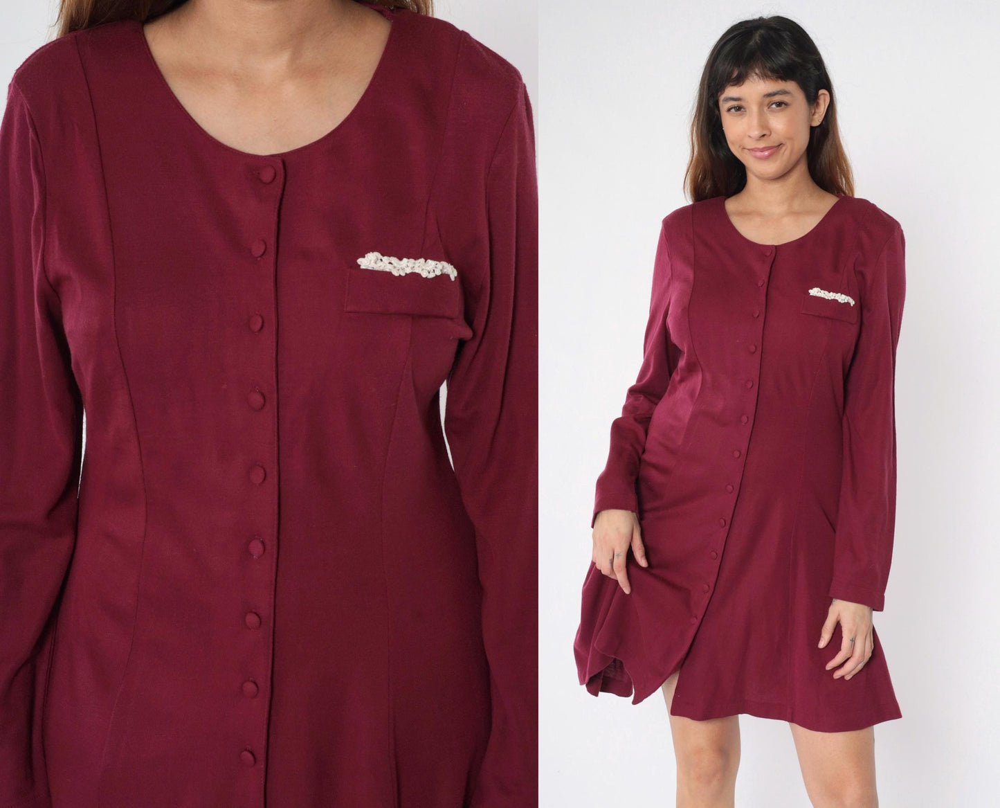 90s Burgundy Mini Shirtdress Long Sleeve Button Down Tie Back Medium M