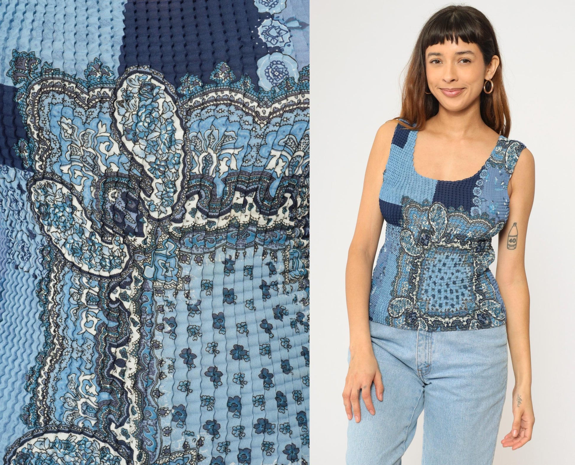 Y2K Paisley Patchwork Tank Top Blue Crinkle Textured Scoop Neck Large L