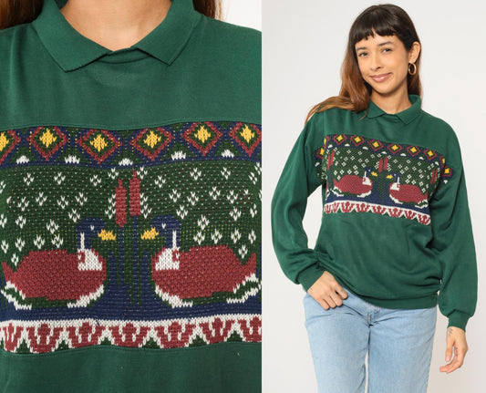 90s Duck Cattails Knit Sweatshirt Dark Green Collared Jumper Small S