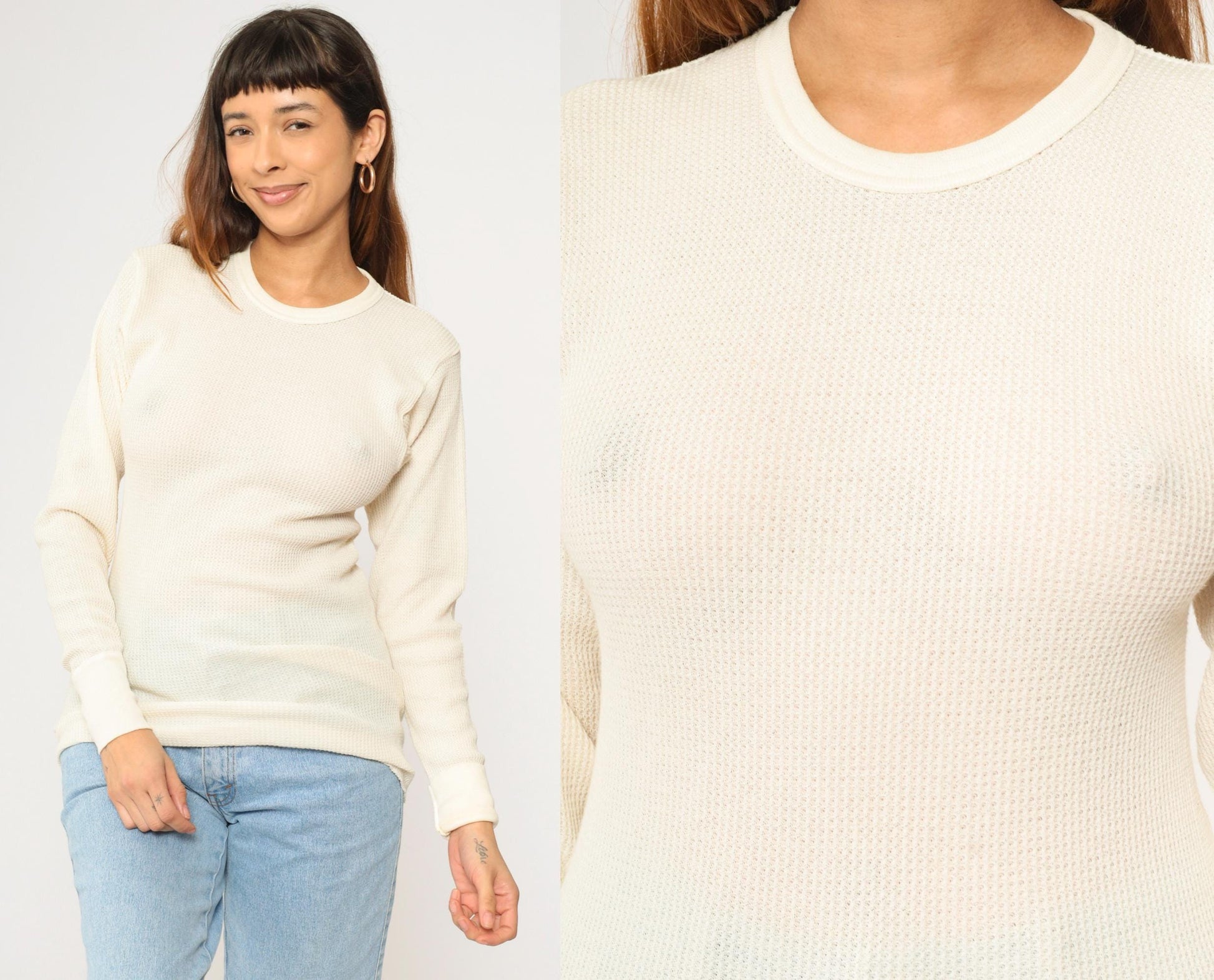 Y2K Hanes Cream Waffle Knit Thermal Long Sleeve Tee Medium M