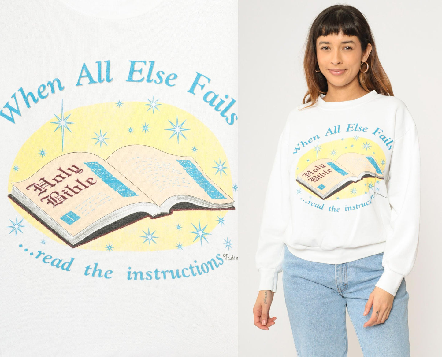 90s Christian Bible Sweatshirt When All Else Fails White Crewneck Large L