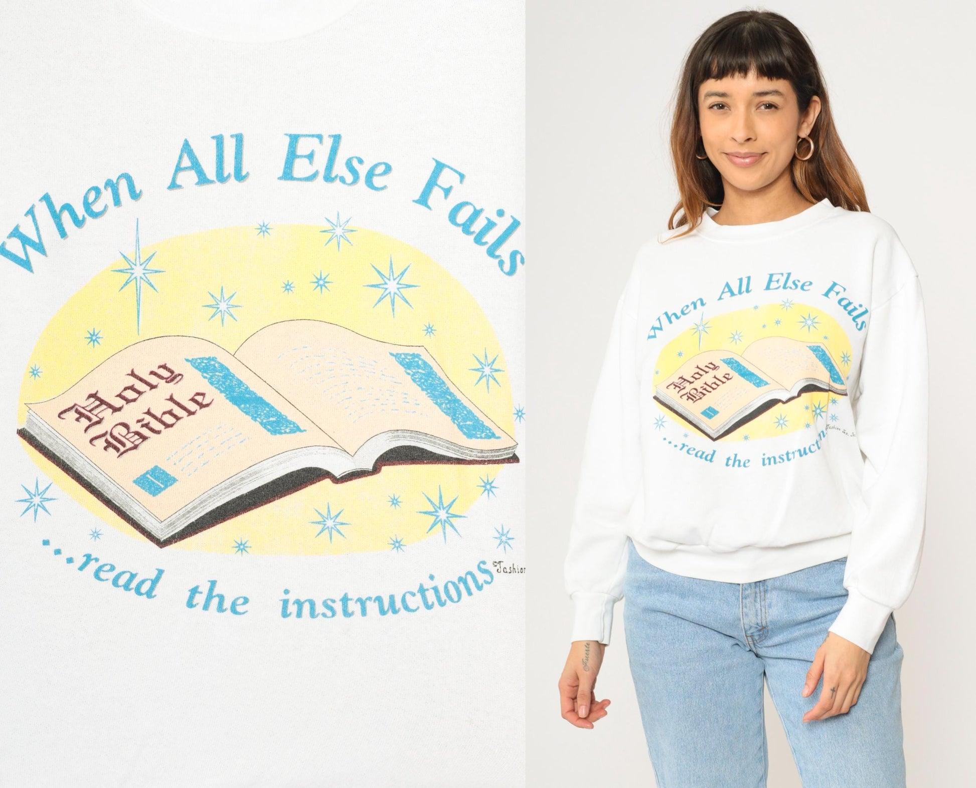 90s Christian Bible Sweatshirt When All Else Fails White Crewneck Large L