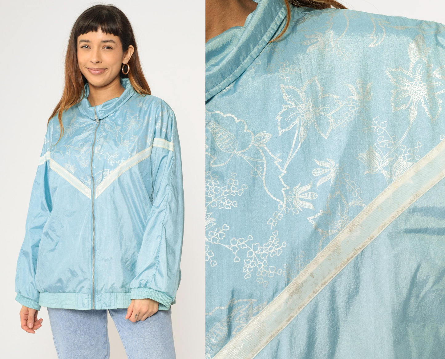90s Forenza Windbreaker Jacket Light Blue Floral Chevron Stripe Nylon Large L
