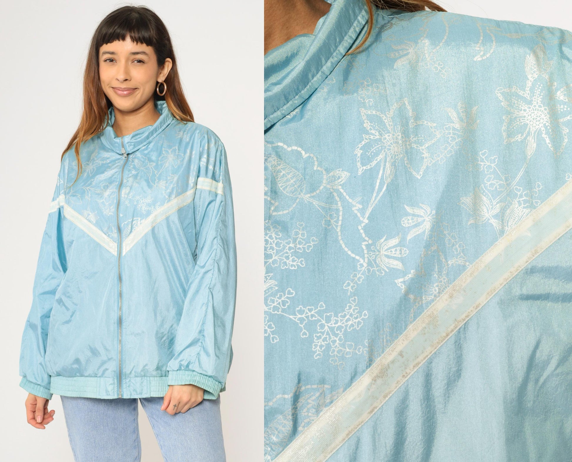 90s Forenza Windbreaker Jacket Light Blue Floral Chevron Stripe Nylon Large L