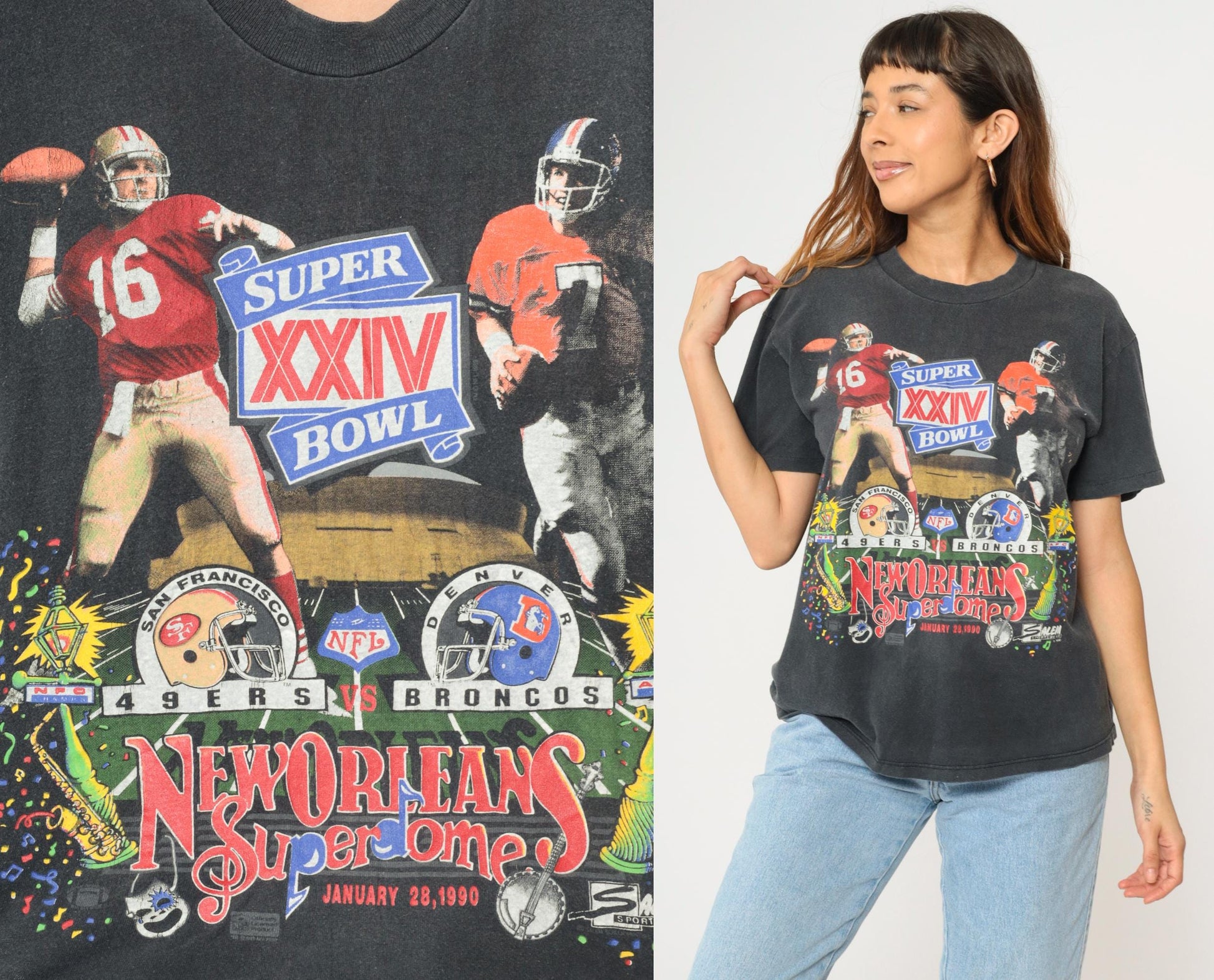 90s Super Bowl XXIV T-Shirt San Francisco 49ers Denver Broncos Black Cotton Large