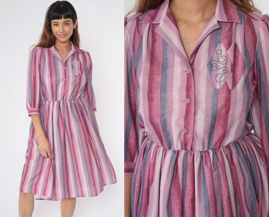 80s Pink Purple Striped Midi Shirtdress Embroidered Collar Button Up Medium M