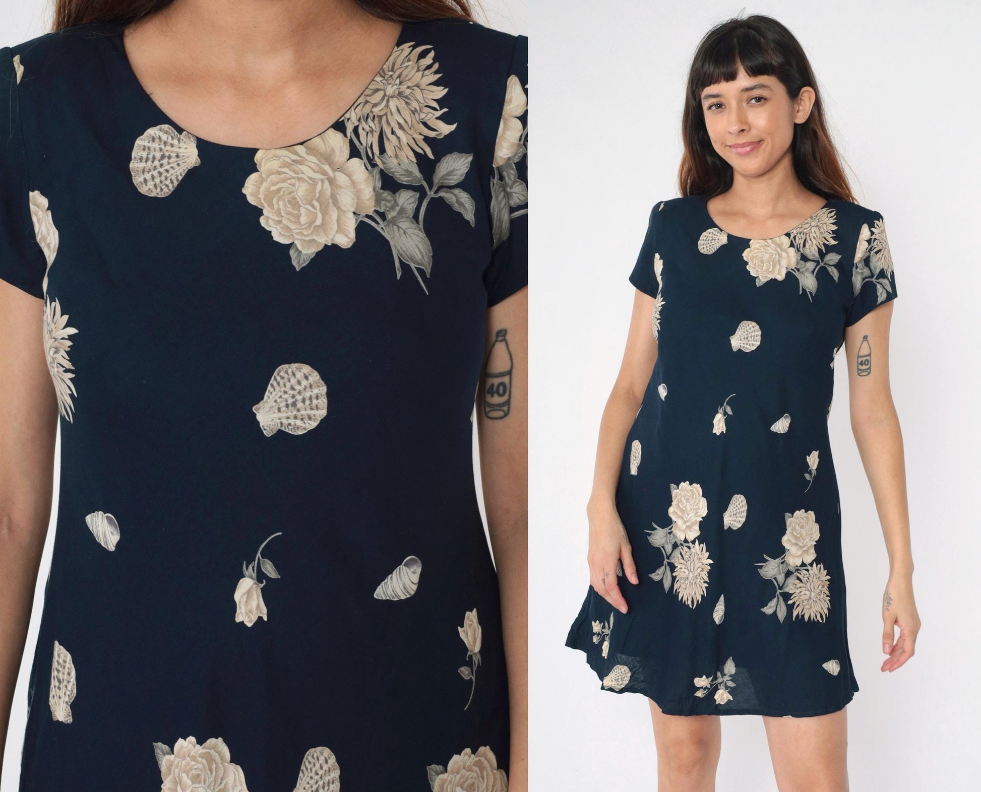 90s Jessica Howard Petite Navy Floral Seashell Mini Shift Dress Small 6