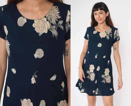 90s Jessica Howard Petite Navy Floral Seashell Mini Shift Dress Small 6