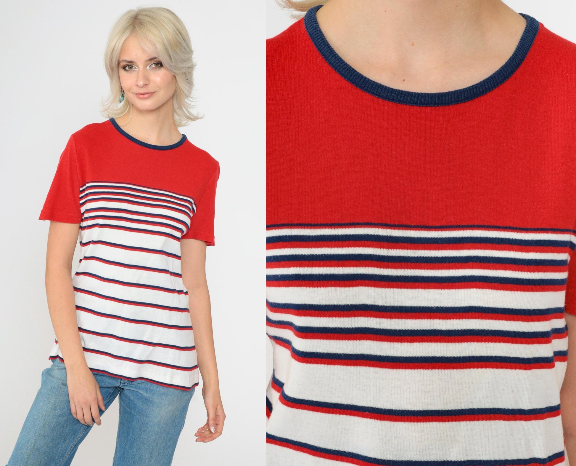 80s Aileen Striped Knit Top Red White Navy Ringer Neck Short Sleeve Medium M