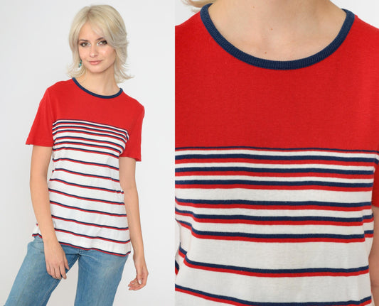 80s Aileen Striped Knit Top Red White Navy Ringer Neck Short Sleeve Medium M