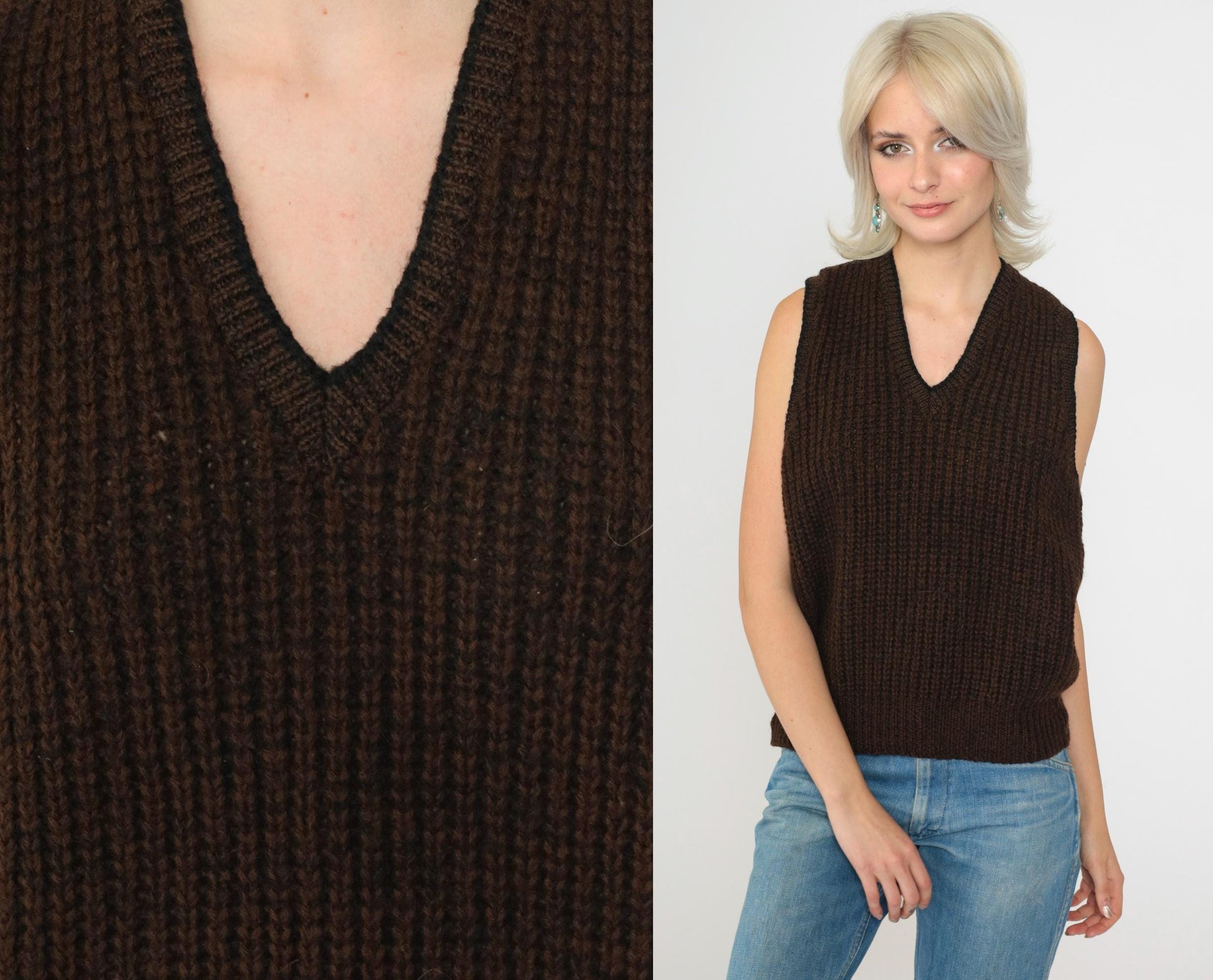 80s Broadway Wool Sweater Vest Brown Ribbed V-Neck Knit Small