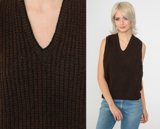 80s Broadway Wool Sweater Vest Brown Ribbed V-Neck Knit Small