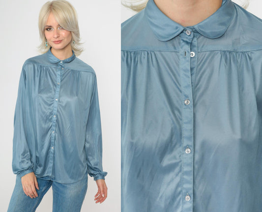 70s Blue Peter Pan Collar Button-Up Blouse Long Sleeve Large L