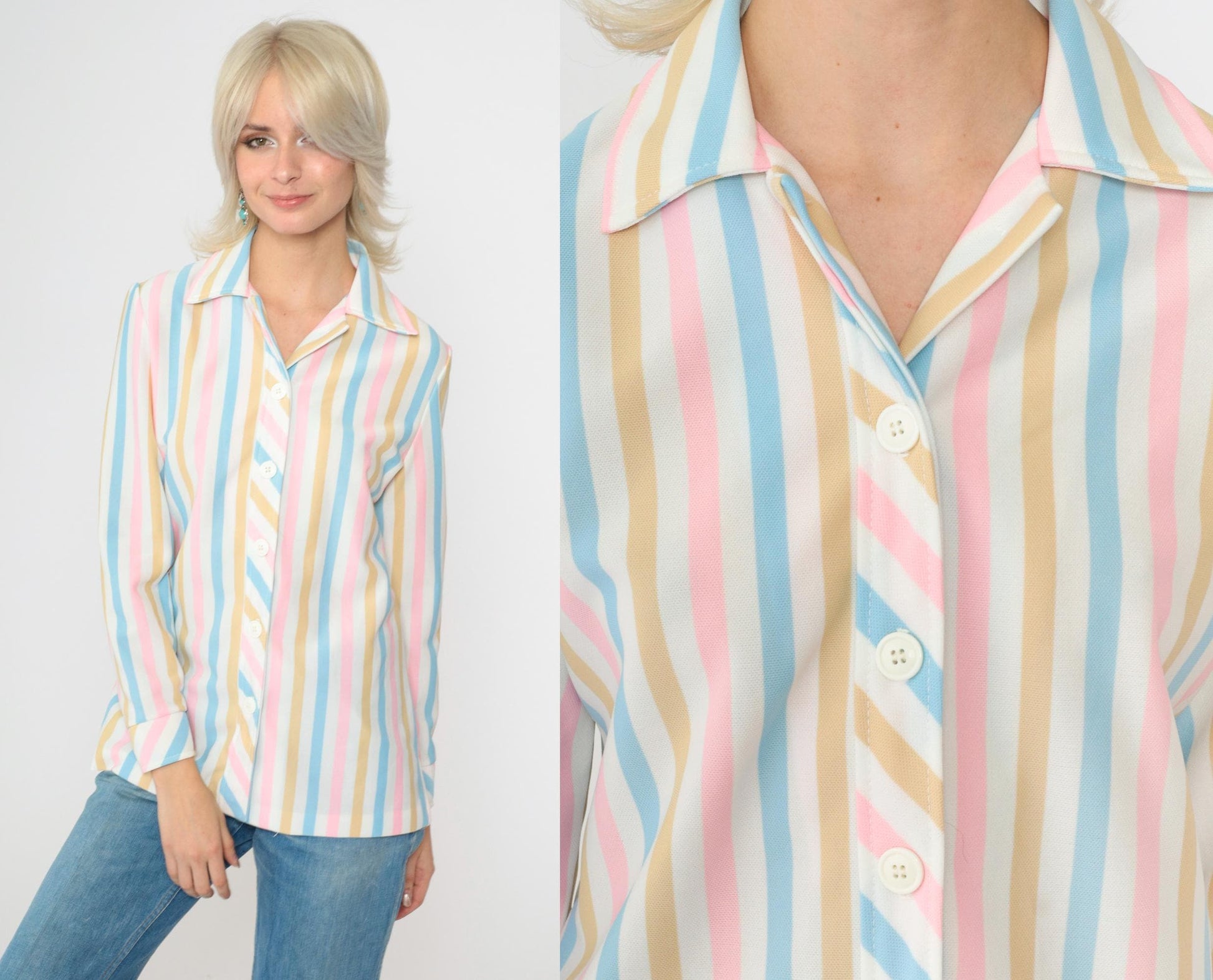 70s Pastel Striped Button-Up Blouse White Pink Blue Long Sleeve Small