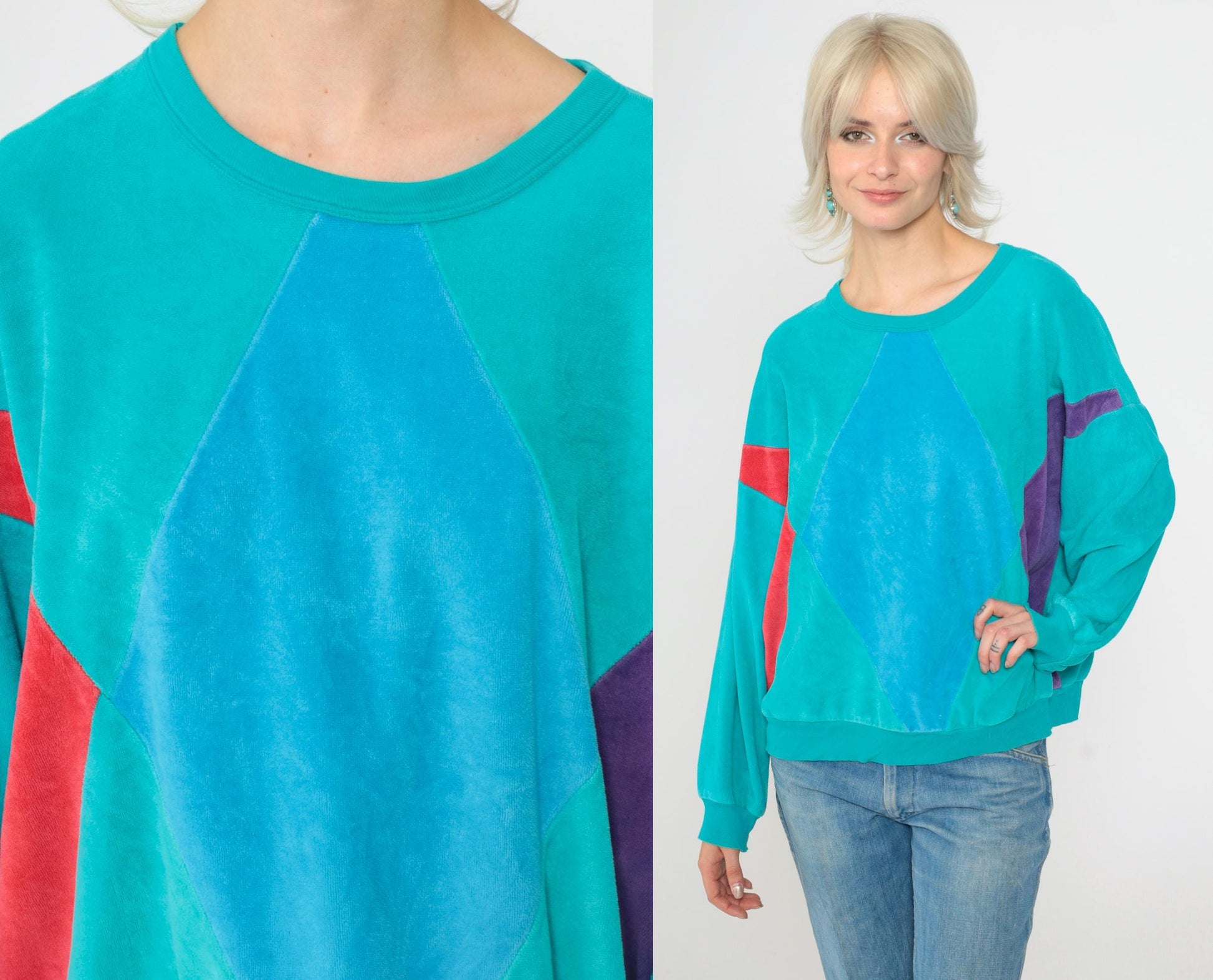 80s Turquoise Velour Sweatshirt Color Block Diamond Crewneck Large L