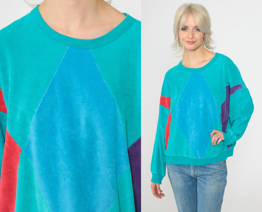 80s Turquoise Velour Sweatshirt Color Block Diamond Crewneck Large L