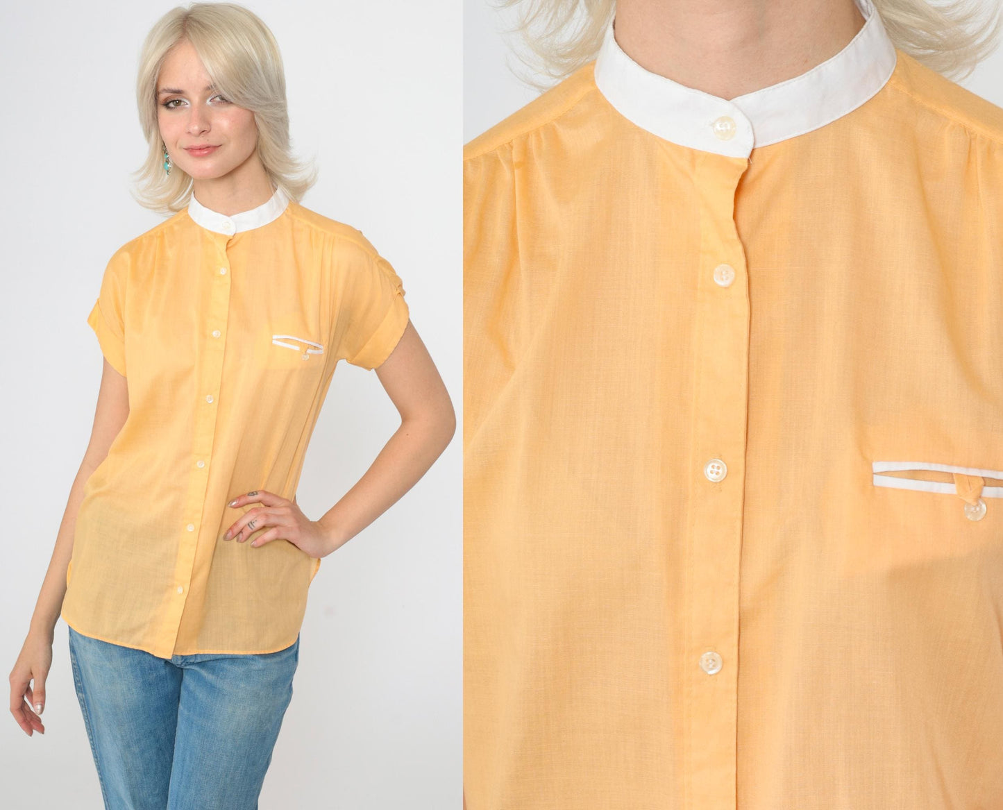 80s Laura Mae Light Orange Mandarin Collar Button-Up Blouse Short Sleeve Small