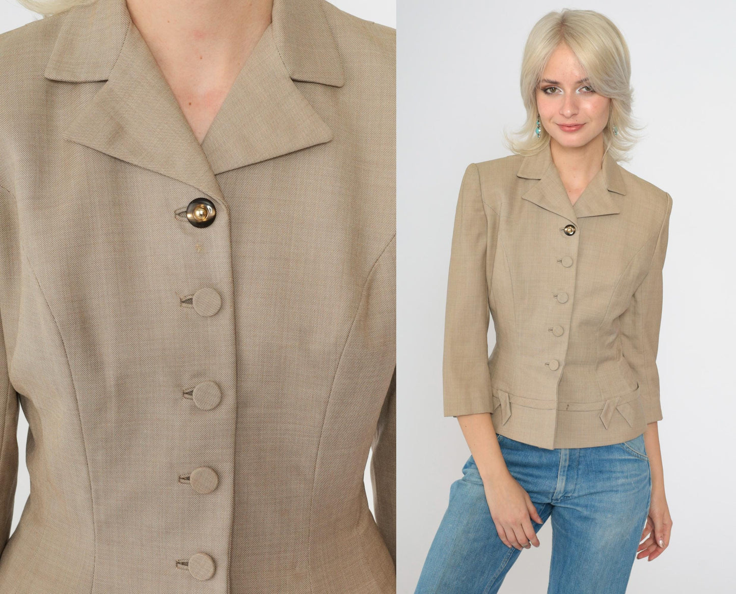 1950s Tan Wool Blend Fitted Blazer Cropped Waist 3/4 Sleeve Button Up Extra Small XS