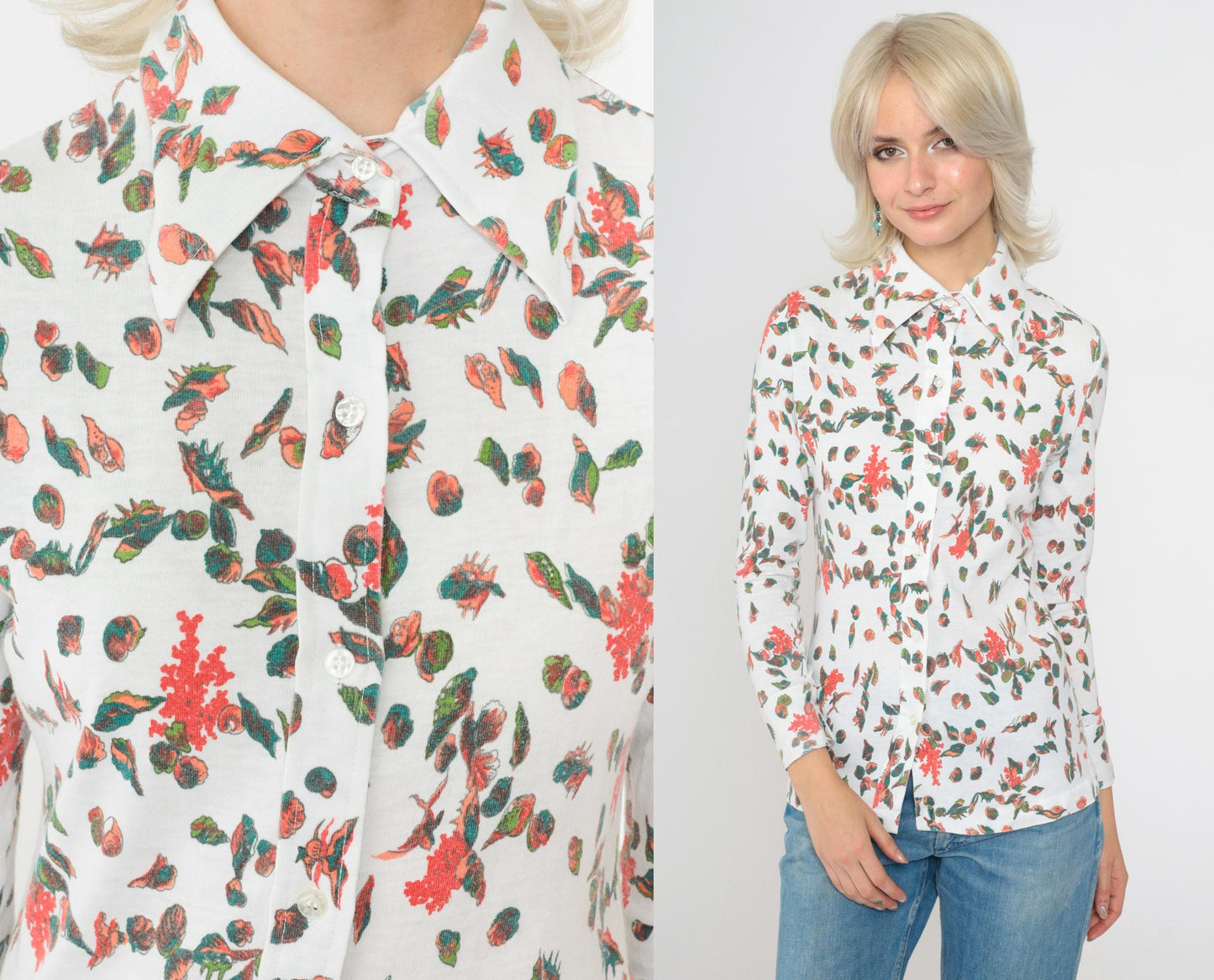 70s Seashell Print Button-Up Blouse White Novelty Shirt Long Sleeve Small