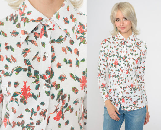 70s Seashell Print Button-Up Blouse White Novelty Shirt Long Sleeve Small